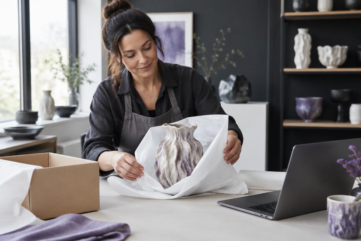 Ceramic artist preparing handmade work for shipping