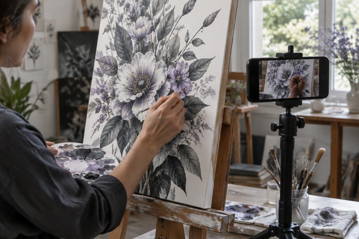 Artist recording a botanical painting in progress